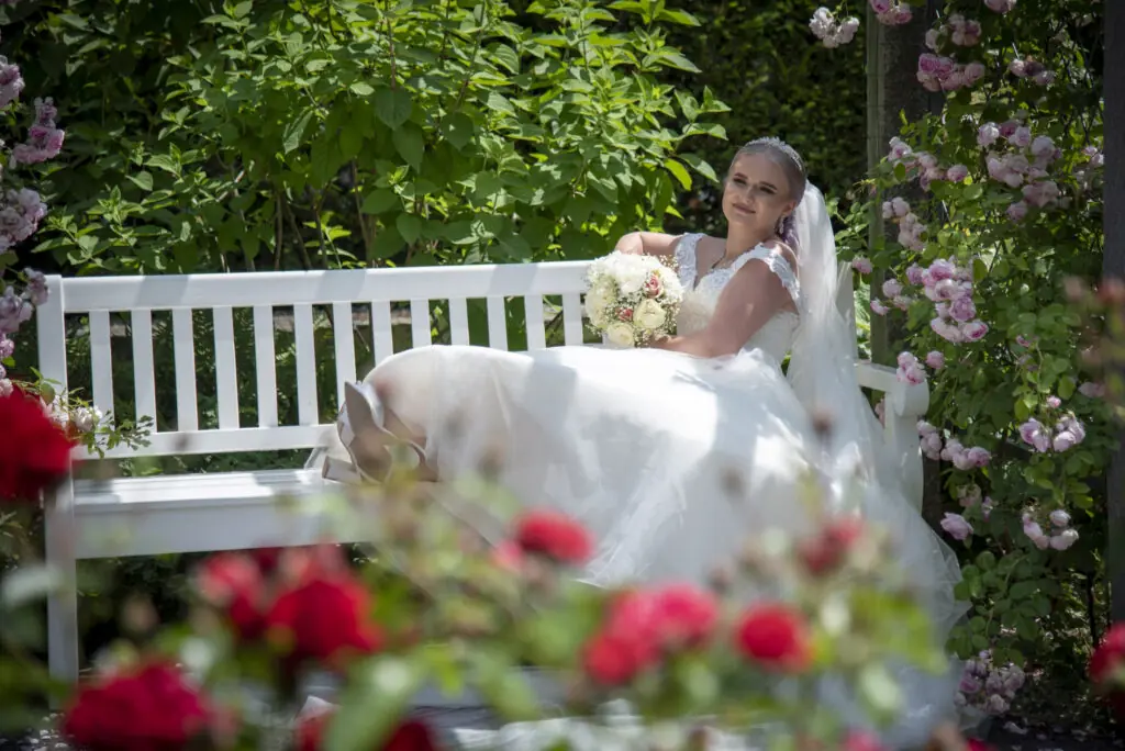 Braut auf weißer Bank im blühenden Rosengarten– emotionale Hochzeitsfotos in Bayern